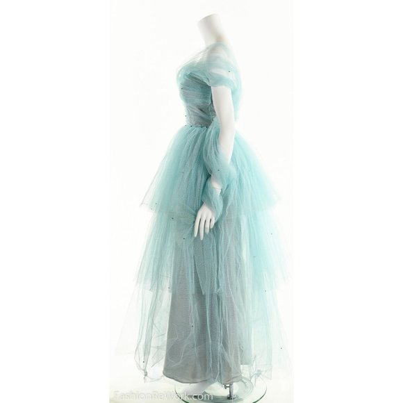 50's Tulle Dress, 1950's Strapless Dress, Blue Prom Dress, Rhinestone Dress, PIn - Picture 9 of 10